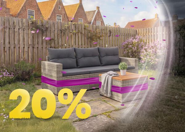 Banni&egrave;re ext&eacute;rieure montrant un sofa en rotin avec table assortie, accentu&eacute;s d&rsquo;une bande mauve, et un grand texte jaune &ldquo;20 %&rdquo;.