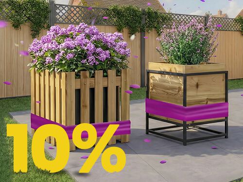 Banni&egrave;re ext&eacute;rieure montrant deux bacs &agrave; fleurs en bois remplis de fleurs mauves, avec un grand texte jaune &ldquo;10 %&rdquo; dans le coin. Cliquez pour voir les produits de la collection.