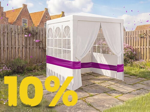 Banni&egrave;re ext&eacute;rieure pr&eacute;sentant un pavillon de jardin blanc avec rideaux transparents et bande accentu&eacute;e mauve, accompagn&eacute; d&rsquo;un grand texte jaune &ldquo;10 %&rdquo;. Cliquez pour voir les produits de la collection.