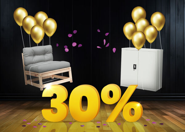 Chaise longue en bois avec coussins gris et armoire de rangement blanche soulev&eacute;es par des ballons dor&eacute;s et entour&eacute;es de confettis violets, avec un grand panneau jaune indiquant -30 % sur un fond sombre.