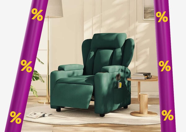 Fauteuil inclinable vert fonc&eacute;, petite table d'appoint en bois avec des livres, dans un salon stylis&eacute; encadr&eacute; de bandes promotionnelles violettes avec des ic&ocirc;nes de r&eacute;duction jaunes.  