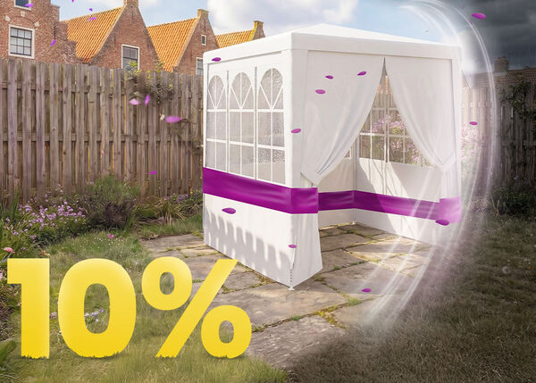 Banni&egrave;re ext&eacute;rieure pr&eacute;sentant un pavillon de jardin blanc avec rideaux transparents et bande accentu&eacute;e mauve, accompagn&eacute; d&rsquo;un grand texte jaune &ldquo;10 %&rdquo;.