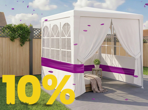 Banni&egrave;re ext&eacute;rieure pr&eacute;sentant un pavillon de jardin blanc avec rideaux transparents et bande accentu&eacute;e mauve, accompagn&eacute; d&rsquo;un grand texte jaune &ldquo;10 %&rdquo;. Cliquez pour voir les produits de la collection.