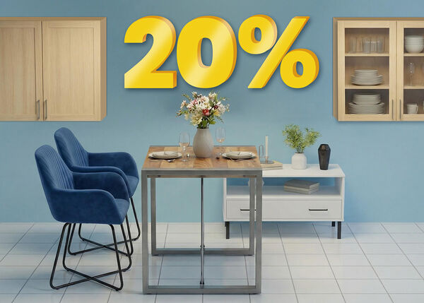 Sc&egrave;ne de salle &agrave; manger avec chaises, table et armoires, mettant en avant &laquo; achetez 2 articles et b&eacute;n&eacute;ficiez de 20 % de r&eacute;duction &raquo;.