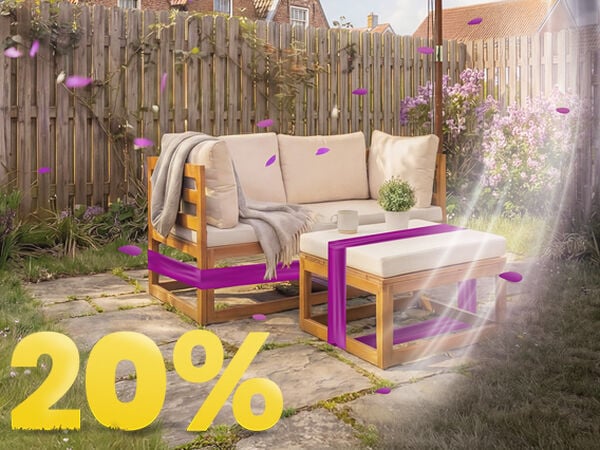 Banni&egrave;re ext&eacute;rieure avec un ensemble lounge en bois muni de coussins beiges et d&rsquo;une table assortie sous un grand parasol blanc, accentu&eacute;s d&rsquo;une bande mauve, avec un grand texte jaune &ldquo;20 %&rdquo;. Cliquez pour voir les produits de la collection.