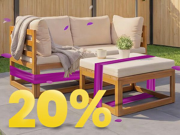 Banni&egrave;re ext&eacute;rieure avec un ensemble lounge en bois muni de coussins beiges et d&rsquo;une table assortie sous un grand parasol blanc, accentu&eacute;s d&rsquo;une bande mauve, avec un grand texte jaune &ldquo;20 %&rdquo;. Cliquez pour voir les produits de la collection.
