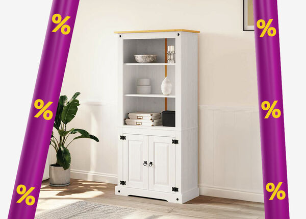 Armoire en bois blanc avec divers objets d&eacute;coratifs, dans une pi&egrave;ce stylis&eacute;e encadr&eacute;e de bandes promotionnelles violettes avec des ic&ocirc;nes de r&eacute;duction jaunes.  