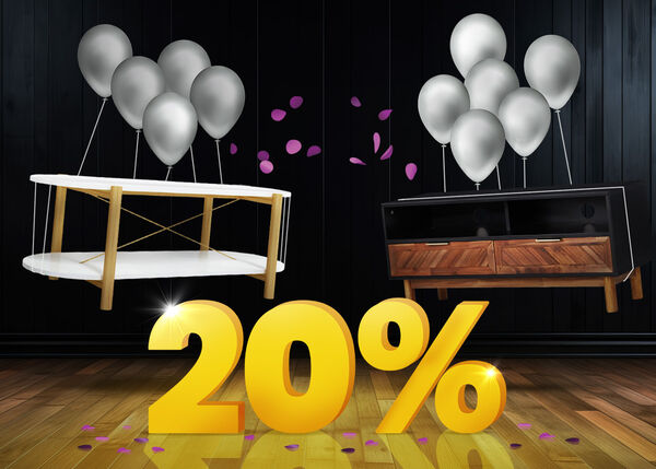 Table basse ronde blanche et meuble TV en bois soulev&eacute;s par des ballons argent&eacute;s et entour&eacute;s de confettis violets, avec un grand panneau jaune indiquant -20 % sur un fond sombre.