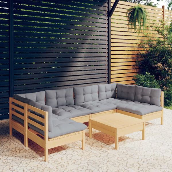 vidaXL Salon de jardin 7 pcs avec coussins gris bois de pin massif