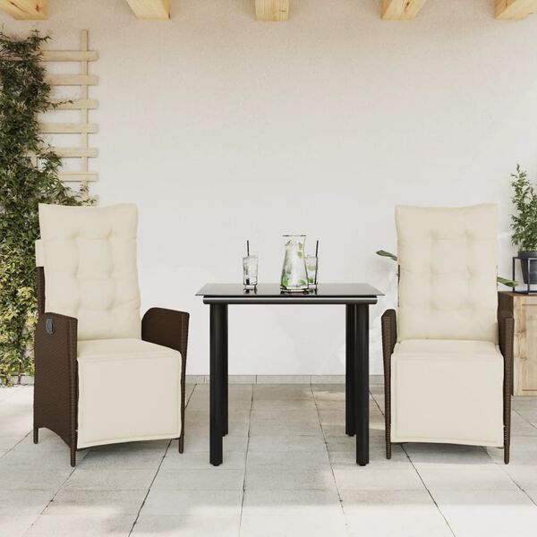 vidaXL Ensemble &agrave; manger de jardin 3 pcs et coussins marron poly rotin