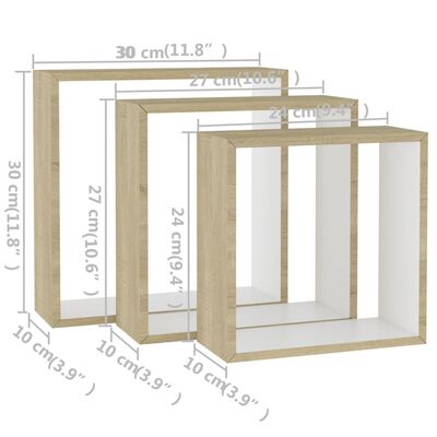 vidaXL Étagères murales sous forme de cube 3 pcs Blanc et chêne sonoma