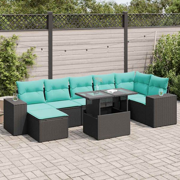 vidaXL Salon de jardin avec coussins 8 pcs noir r&eacute;sine tress&eacute;e acacia