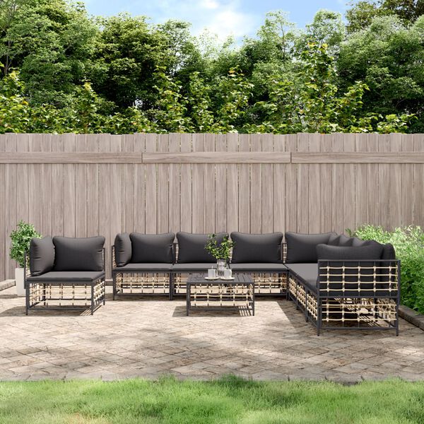 vidaXL Salon de jardin 9 pcs avec coussins anthracite r&eacute;sine tress&eacute;e