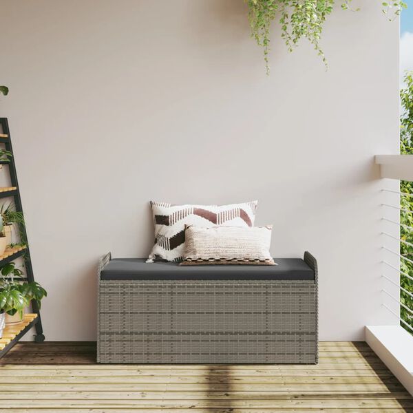 vidaXL Banc de rangement avec coussin gris 115x51x52 cm r&eacute;sine tress&eacute;e