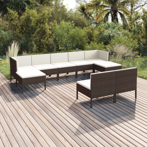 vidaXL Salon de jardin 9 pcs avec coussins r&eacute;sine tress&eacute;e marron