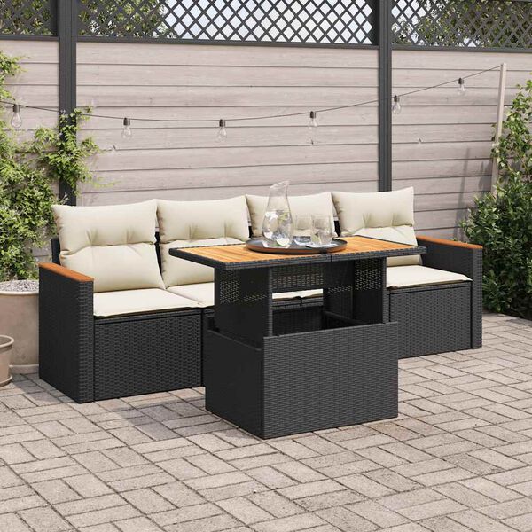 vidaXL Salon de jardin 5 pcs avec coussins noir r&eacute;sine tress&eacute;e acacia