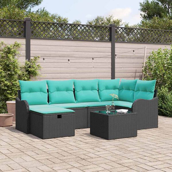 vidaXL Ensemble de canap&eacute; de jardin 7 pcs Noir et turquoise polyrotin