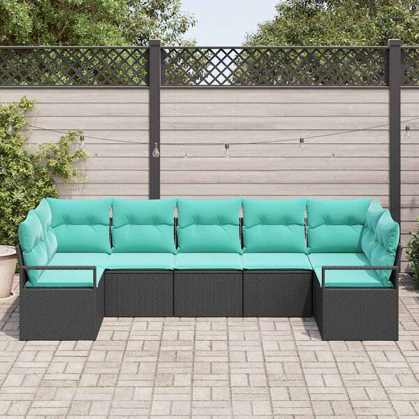 vidaXL Ensemble de canap&eacute; de jardin 7 pcs Noir et turquoise polyrotin