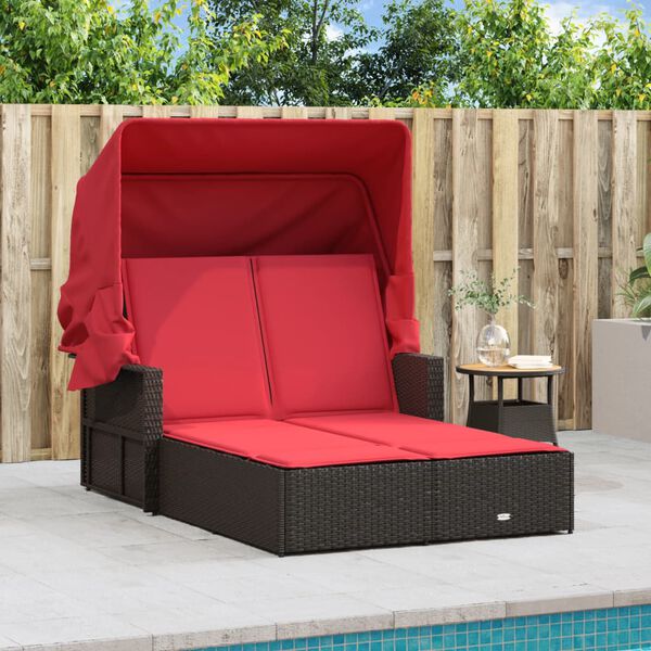 vidaXL Chaise longue double avec auvent et coussins marron poly rotin