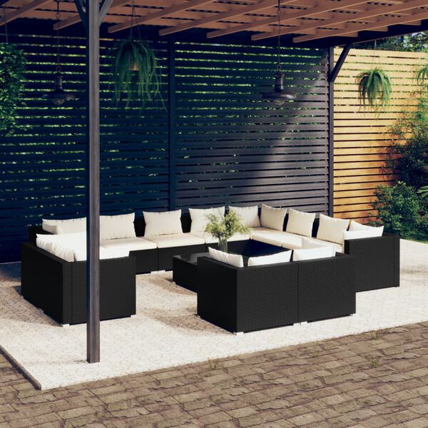 vidaXL Salon de jardin 13 pcs avec coussins Noir R&eacute;sine tress&eacute;e