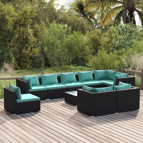 vidaXL Salon de jardin 10 pcs avec coussins R&eacute;sine tress&eacute;e Noir