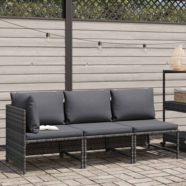 vidaXL Salon de jardin 3 pcs avec coussins R&eacute;sine tress&eacute;e Gris