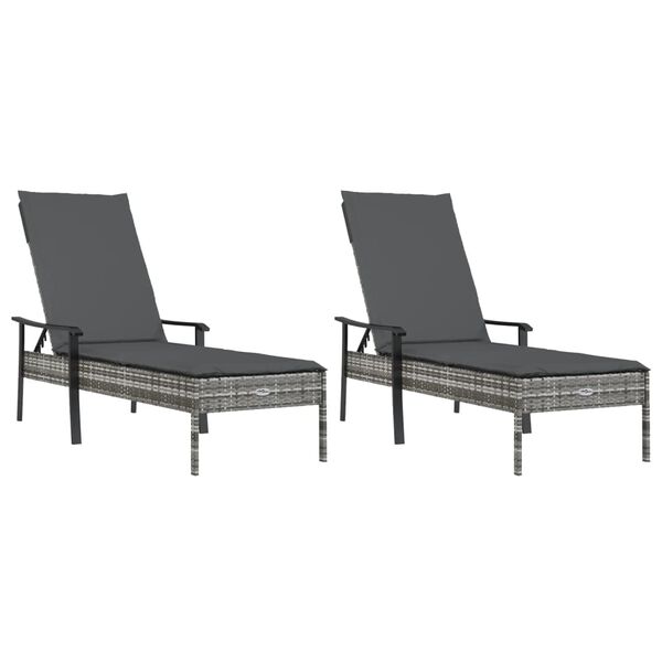 vidaXL Chaises longues lot de 2 avec table et coussins gris poly rotin