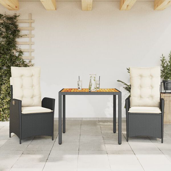 vidaXL Ensemble &agrave; manger de jardin avec coussins 3 pcs Noir