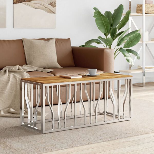 vidaXL Table basse argenté acier inoxydable et bois massif d'acacia