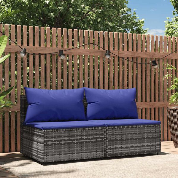 vidaXL Canap&eacute;s centraux de jardin et coussins 2pcs Gris R&eacute;sine tress&eacute;e