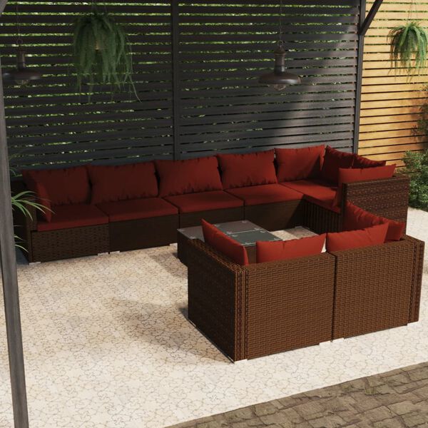 vidaXL Salon de jardin avec coussins 9 pcs marron r&eacute;sine tress&eacute;e