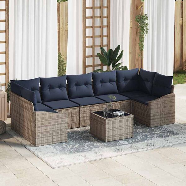 vidaXL Ensemble de Canap&eacute;s avec coussin 8 pcs Gris et marine polyrotin