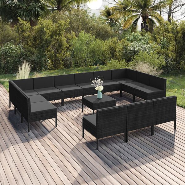 vidaXL Salon de jardin 14 pcs avec coussins R&eacute;sine tress&eacute;e Noir