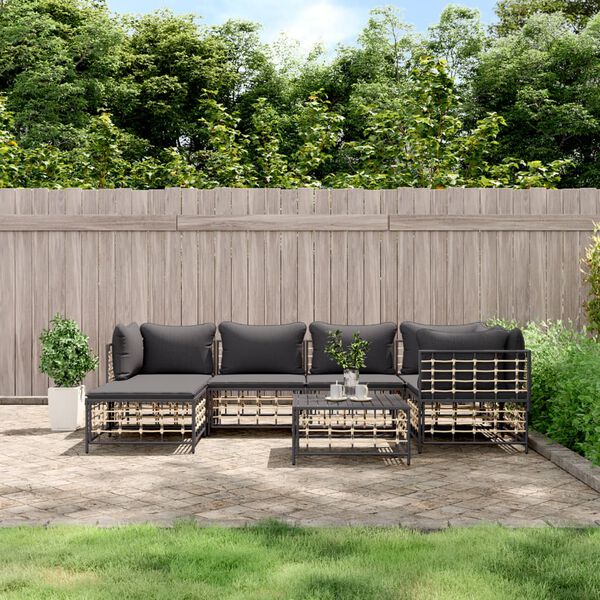 vidaXL Salon de jardin 7 pcs avec coussins anthracite r&eacute;sine tress&eacute;e