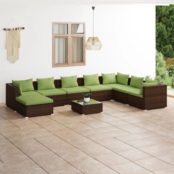 vidaXL Salon de jardin 9 pcs avec coussins r&eacute;sine tress&eacute;e marron
