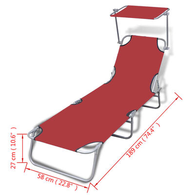 vidaXL Chaise longue pliable avec auvent acier et tissu rouge