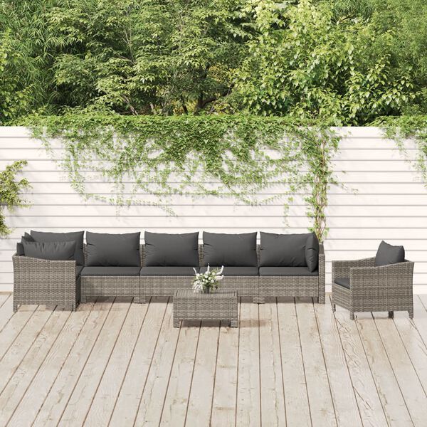 vidaXL Salon de jardin 8 pcs avec coussins Gris R&eacute;sine tress&eacute;e
