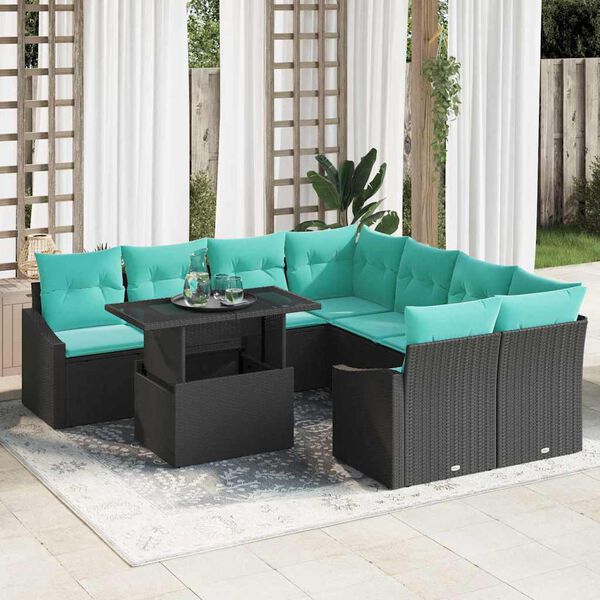 vidaXL Ensemble de canap&eacute; de jardin avec coussin 9 pcs Noir polyrotin