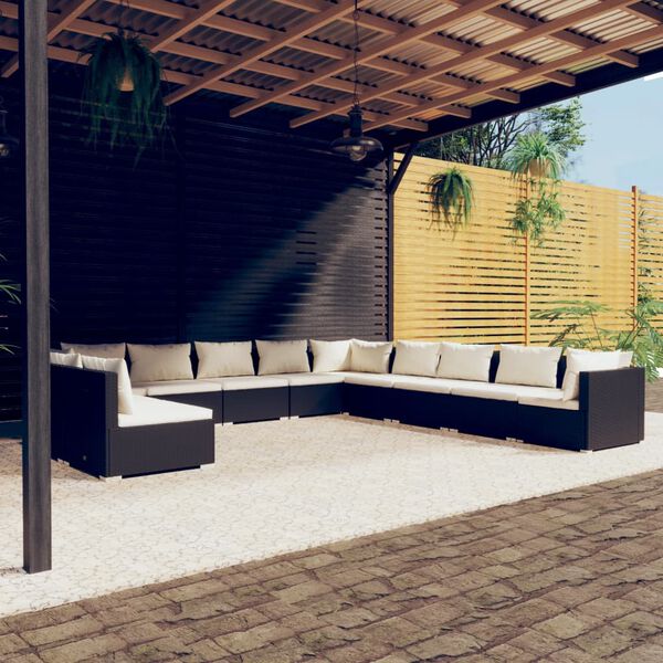 vidaXL Salon de jardin 11 pcs avec coussins noir r&eacute;sine tress&eacute;e