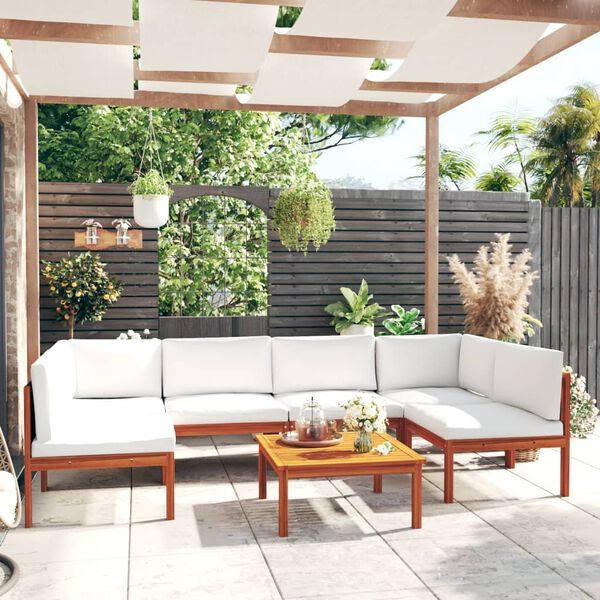 vidaXL Salon de jardin 7 pi&egrave;ces avec coussins, bois d'acacia cr&egrave;me et corde
