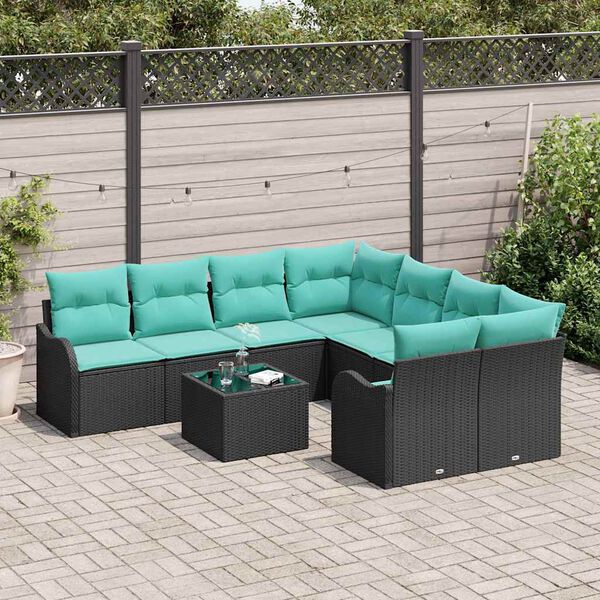 vidaXL Ensemble de canapé de jardin avec coussin 9 pcs Noir polyrotin