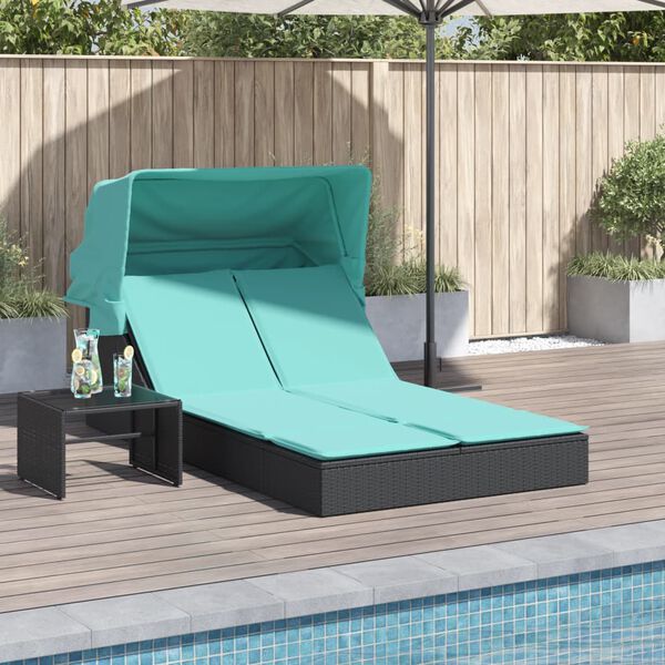vidaXL Chaise longue double et auvent et coussins noir résine tressée