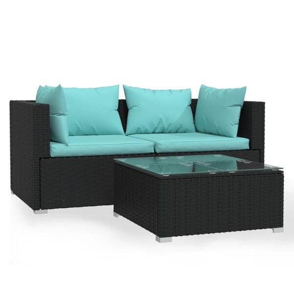 vidaXL Salon de jardin 3 pcs avec coussins Noir R&eacute;sine tress&eacute;e