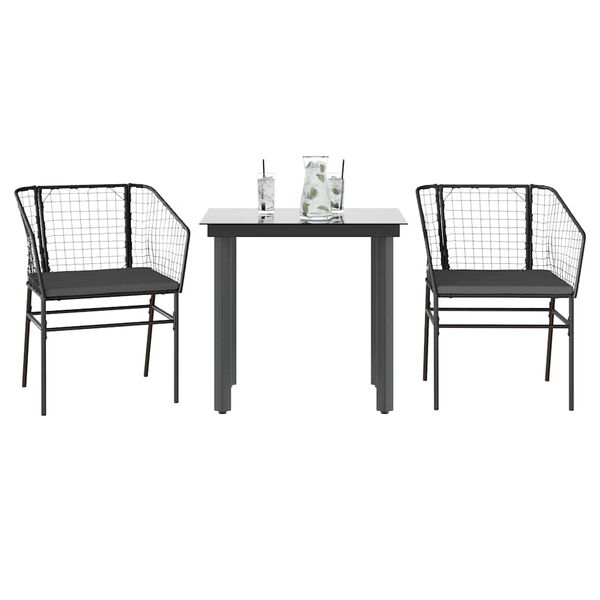 vidaXL Ensemble &agrave; manger de jardin et coussins 3 pcs noir rotin verre