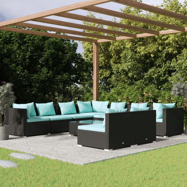 vidaXL Salon de jardin 10 pcs avec coussins noir r&eacute;sine tress&eacute;e