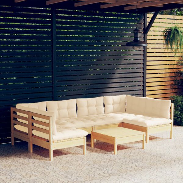 vidaXL Salon de jardin 7 pcs avec coussins cr&egrave;me bois de pin massif