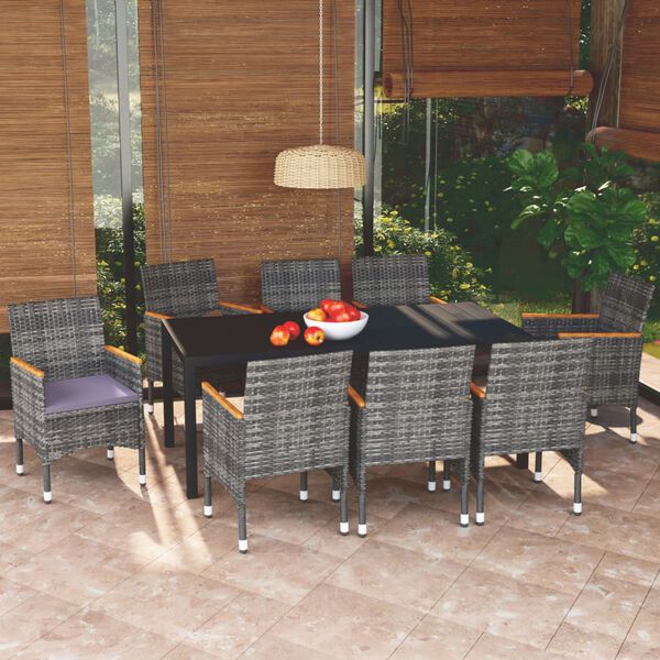 vidaXL Ensemble &agrave; manger de jardin coussins 9pcs R&eacute;sine tress&eacute;e Gris