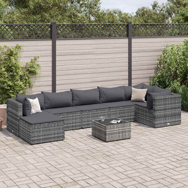 vidaXL Salon de jardin 8 pcs avec coussins Gris R&eacute;sine tress&eacute;e