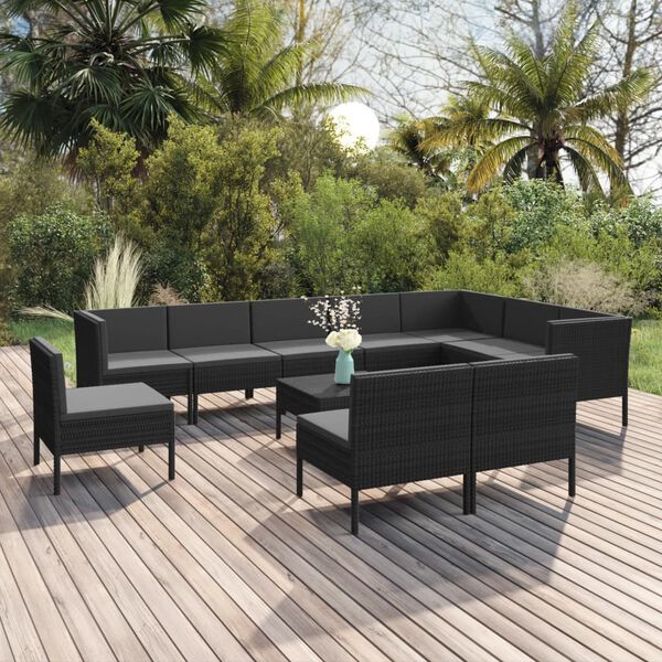 vidaXL Salon de jardin 11 pcs avec coussins R&eacute;sine tress&eacute;e Noir