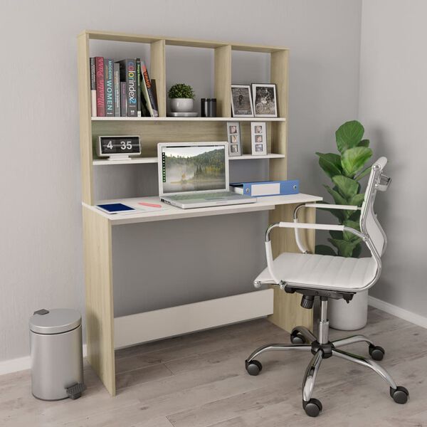 vidaXL Bureau avec &eacute;tag&egrave;res Blanc ch&ecirc;ne sonoma 110x45x157 cm Agglom&eacute;r&eacute;